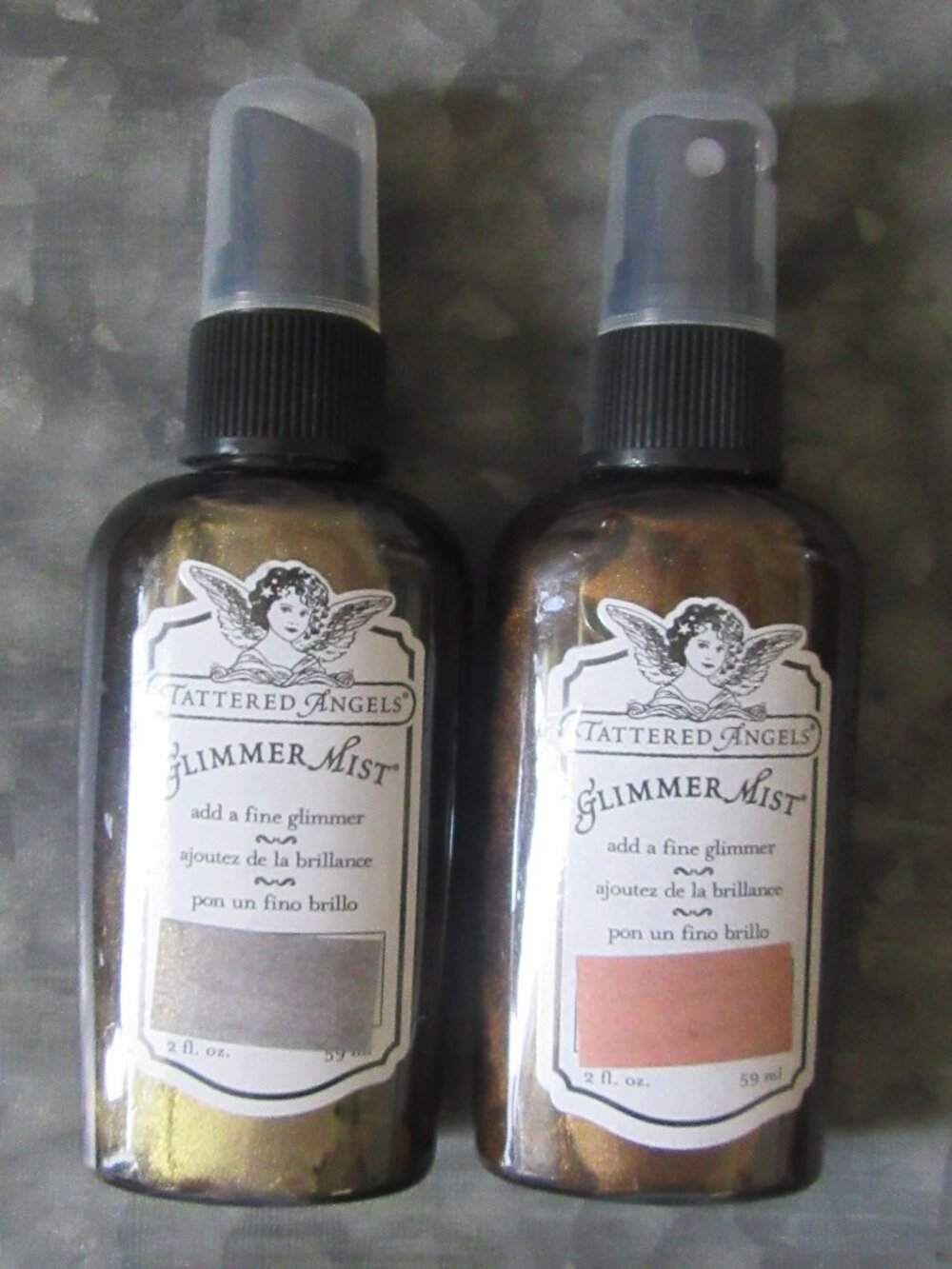 2 bottles Tattered Angels Glimmer Mist mica sprays (golden iron & pearl copper)